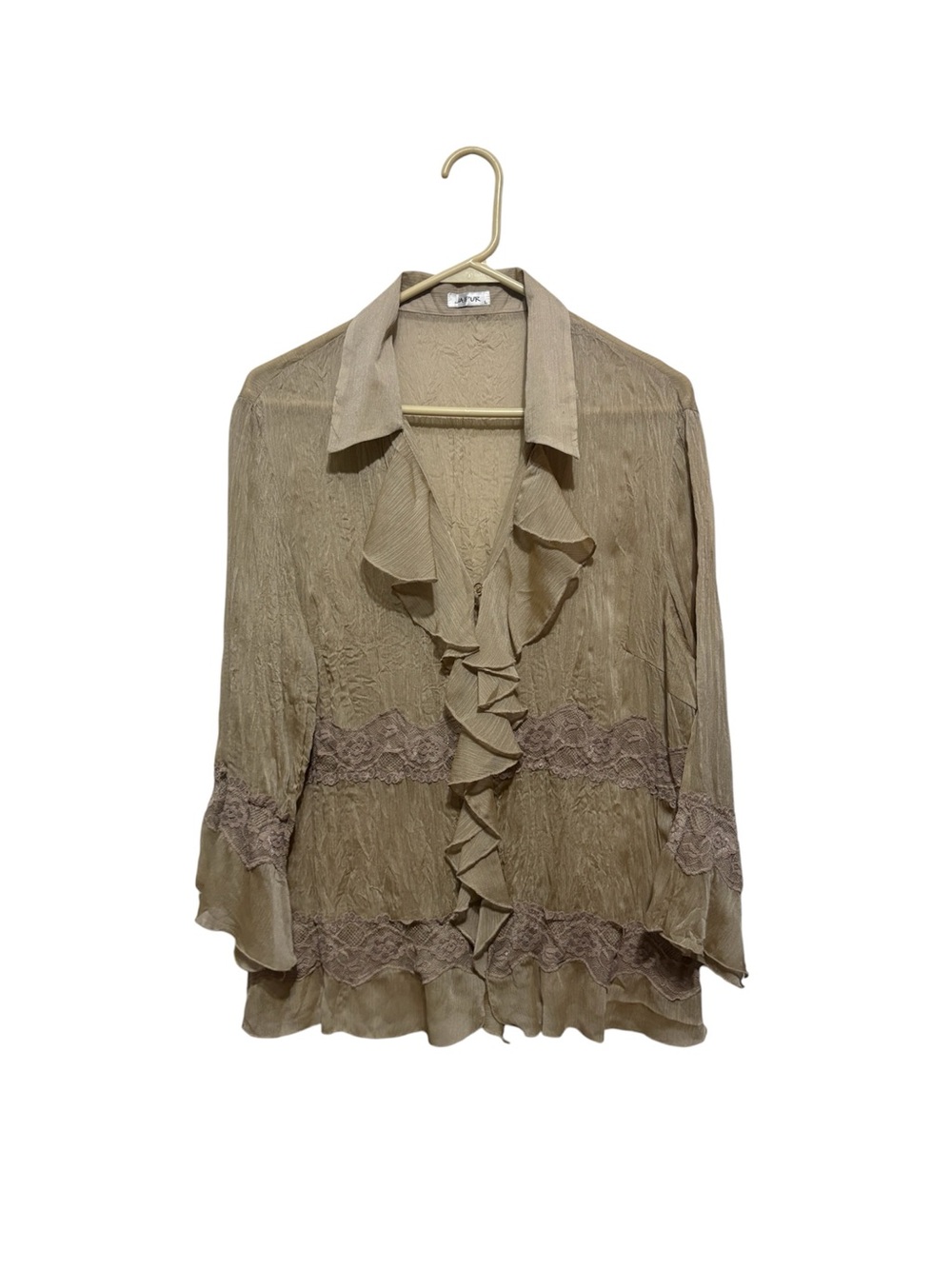 Ruffled Lace-Trim Blouse in Taupe
